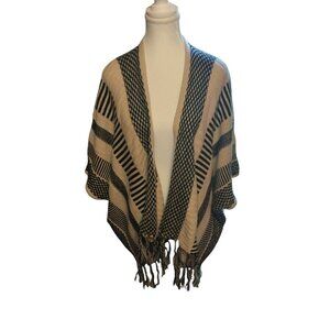 Hot & Delicious Shawl/Poncho S/M/L Black/ Beige Stripped Warm Short Sleeves